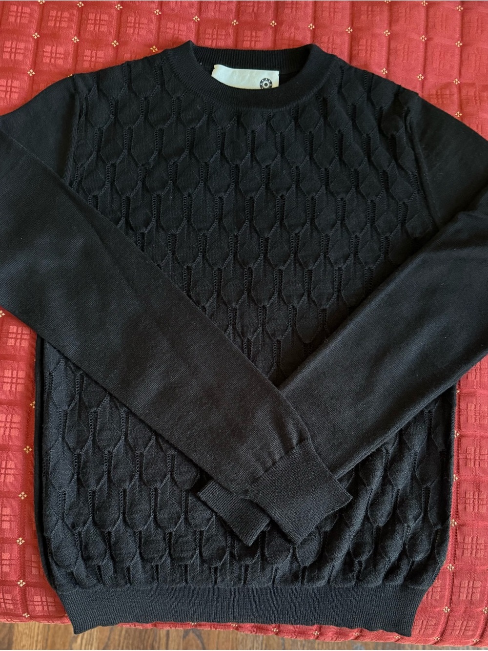 Black Textured Open -Knit Crewneck Sweater